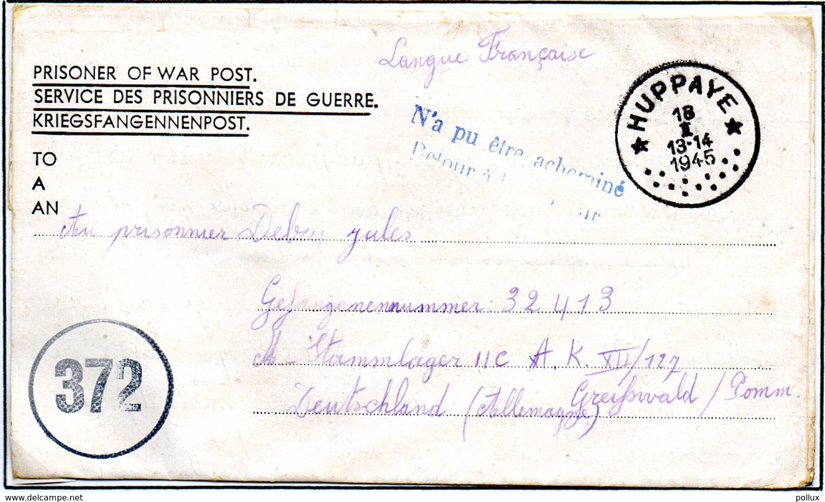 Kriegsgefangenenpost Prisonnier 1945 Stalag II C Greifswald RETOUR A L'ENVOYEUR N'a Pu être Acheminé + Censure Belge - Documenten