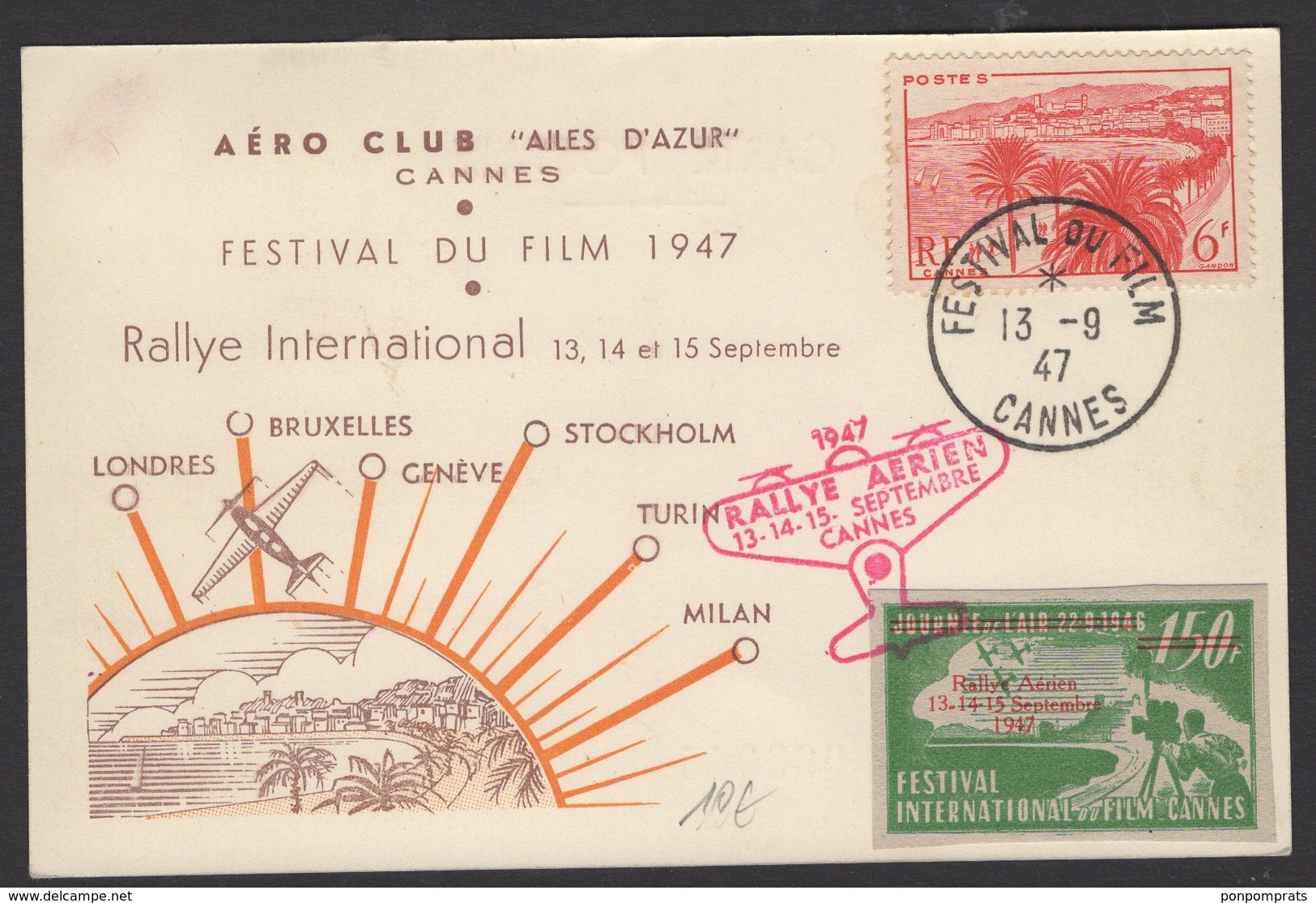 PRECURSEUR Belle Carte PAR AVION Commémorative Du Rallye Aerien Septembtre 47 "Les Ailes D'Azur" CANNES+ Vignette - 1960-.... Lettres & Documents