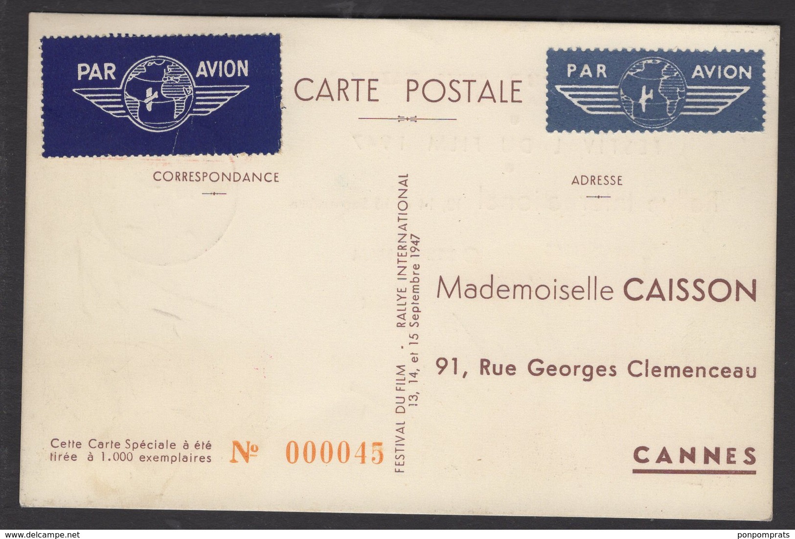 PRECURSEUR Belle Carte PAR AVION Commémorative Du Rallye Aerien Septembtre 47 "Les Ailes D'Azur" CANNES+ Vignette - 1960-.... Lettres & Documents