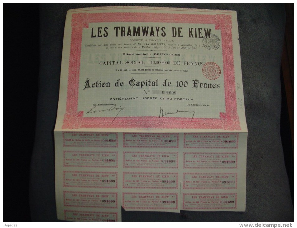 Action De Capital"Les Tramways De Kiew "Bruxelles 1905 Reste Des Coupons. - Spoorwegen En Trams