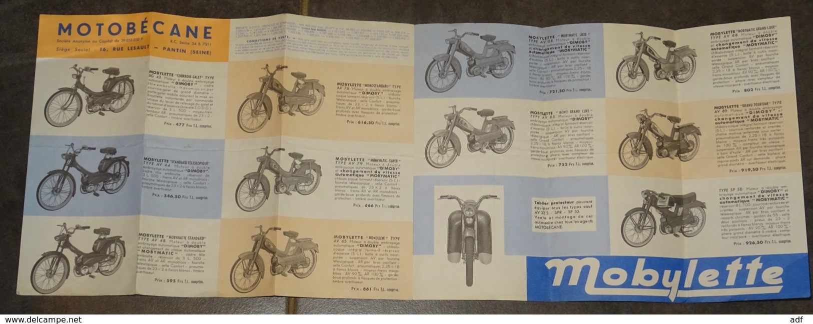 DEPLIANT PUB PUBLICITAIRE MOBYLETTE BICYCLETTE MOTORISEE, TARIF JANVIER 1965 DIFFERENTS TYPES, " DIMOBY " " MOBYMATIC " - Moto