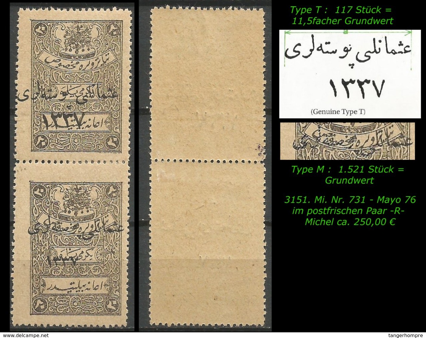 EARLY OTTOMAN SPECIALIZED FOR SPECIALIST, SEE...Mi. Nr. 731 - Mayo 76 M + T -RRR- In Postfrisch - Ongebruikt