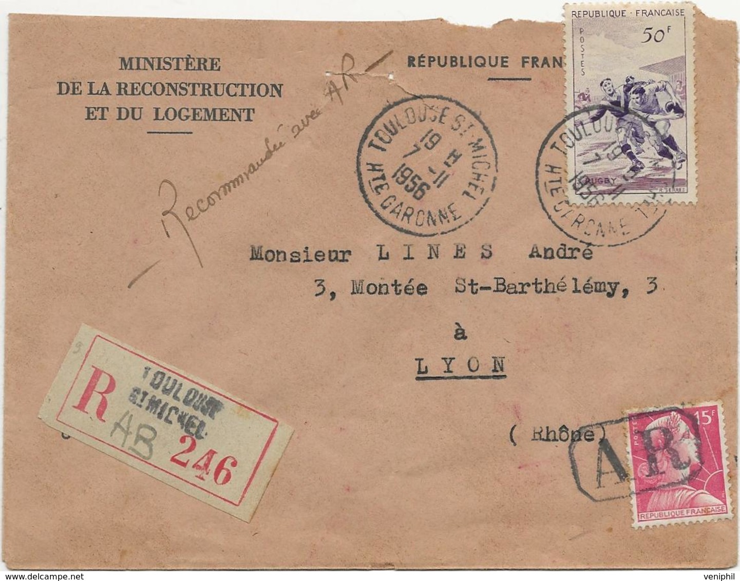 LETTRE RECOMMANDEE AFFRANCHIE N° 1011 + N° 1074 OBLITEREE CAD TOULOUSE ST MICHEL -HTE GARONNE 1956 - 1921-1960: Modern Tijdperk