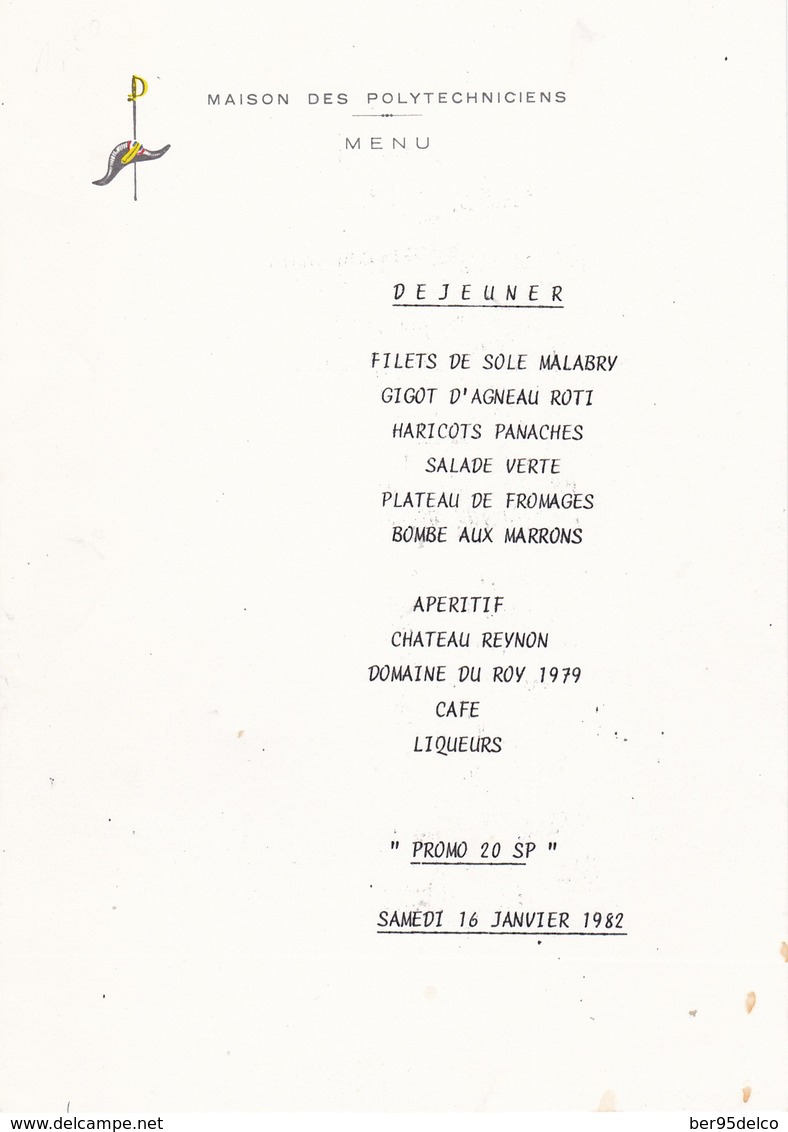 Maison Des Polytechniciens Menu Déjeuner Du Samedi 16 Janvier 1982 - Menus