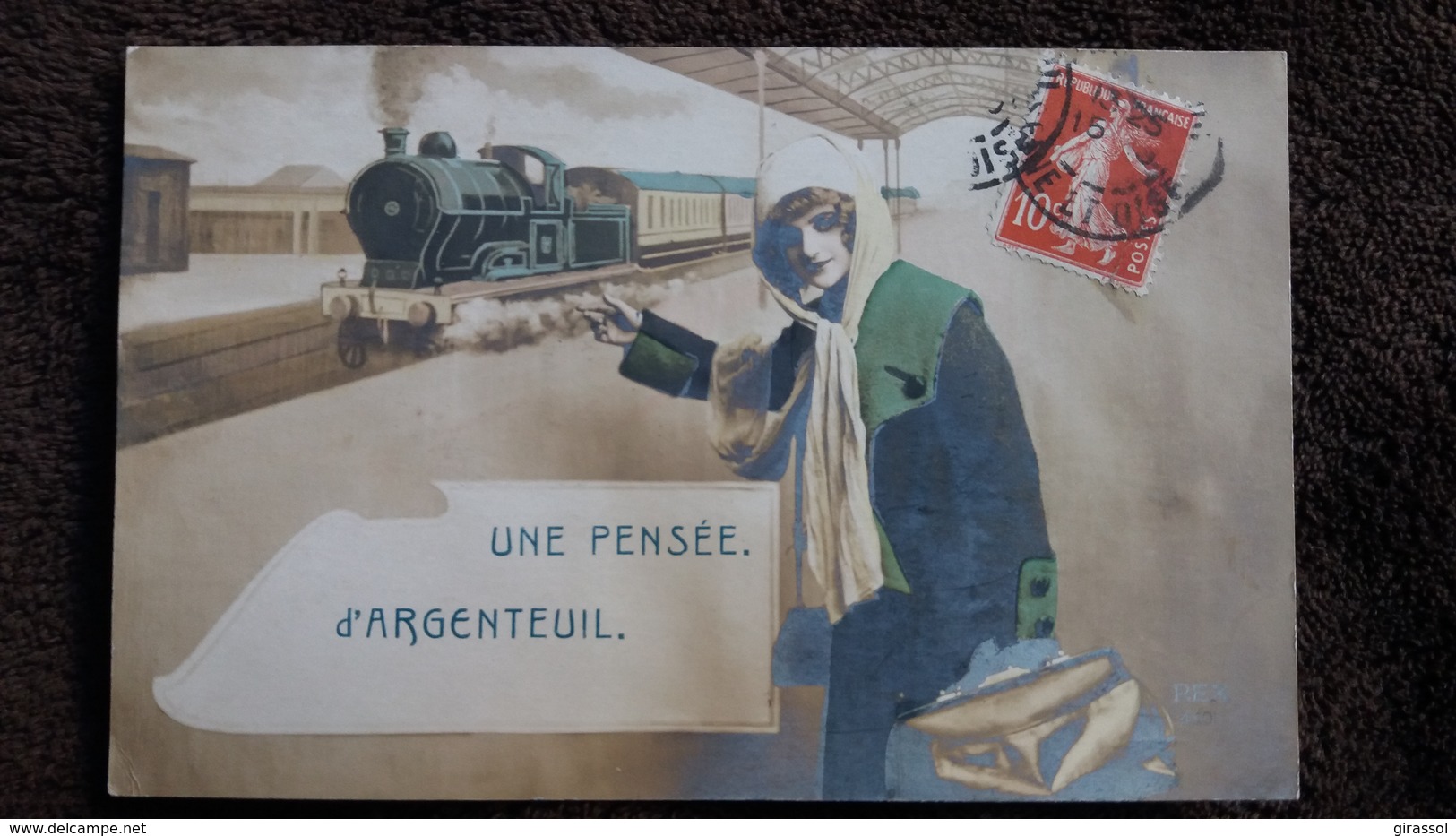 CPA UNE PENSEE D ARGENTEUIL TRAIN LOCOMOTIVE FEMME  REX  1912 - Argenteuil