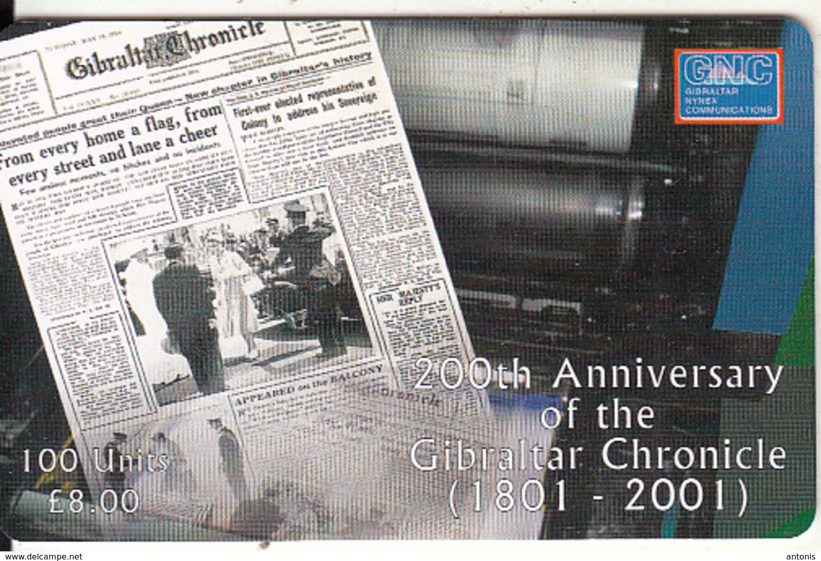 GIBRALTAR(chip) - 200th Anniversary Of Gibraltar Newspaper Chronicle 3, Tirage 3000, Used - Gibraltar