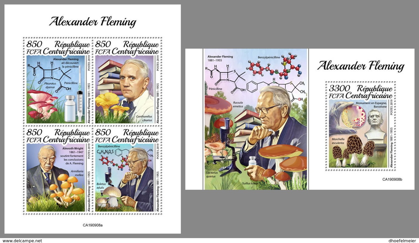 CENTRALAFRICA 2019 MNH Mushrooms Pilze Champignons Alexander Fleming M/S+S/S - OFFICIAL ISSUE - DH1950 - Funghi