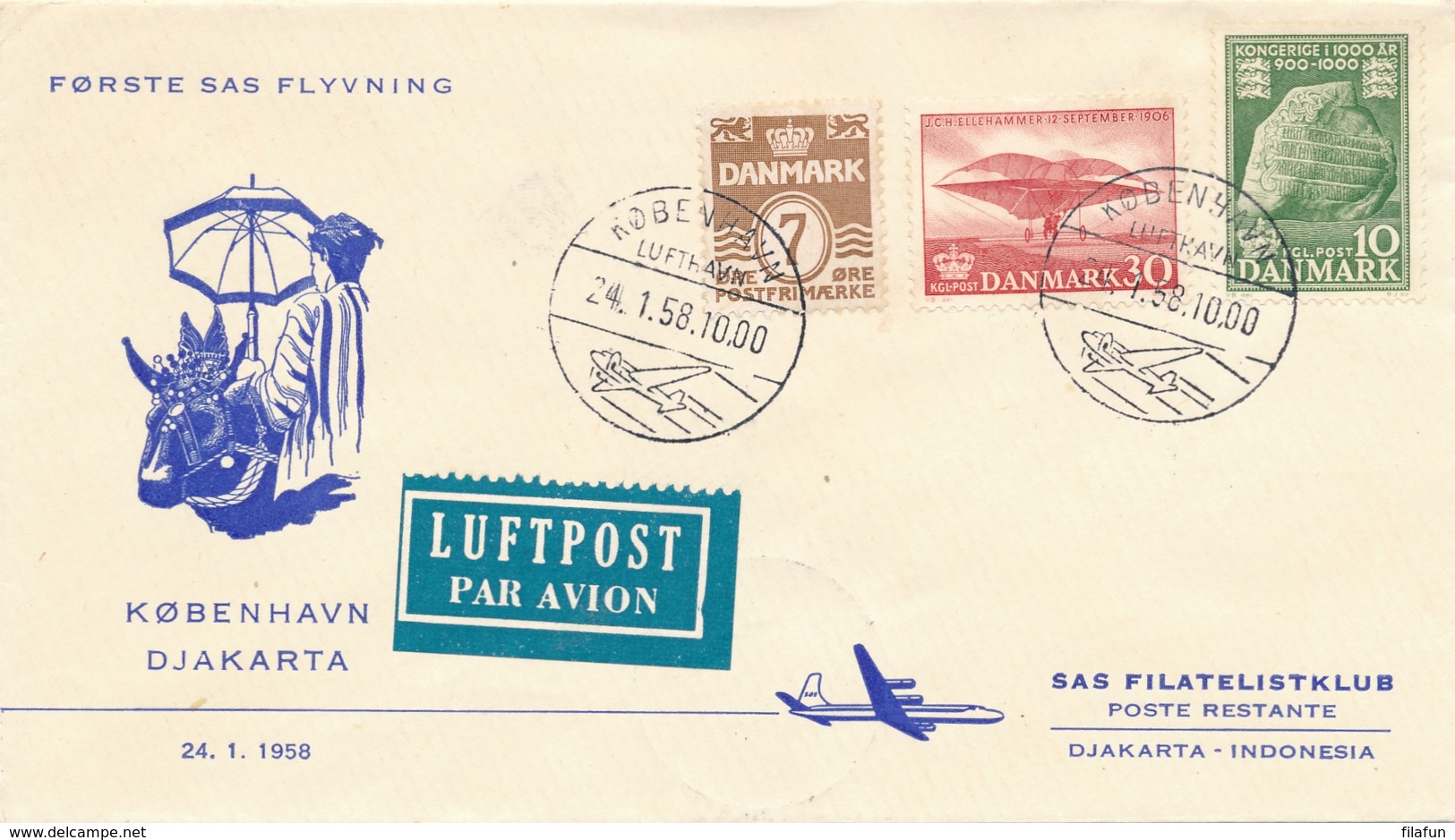 Danmark / Indonesia - 1958 - 3 Stamps On SAS First Flight From Kobenhavn To Djakarta - Brieven En Documenten