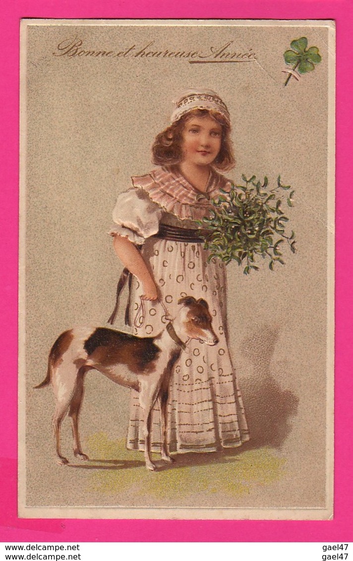 CPA GAUFRÉE (Réf: Z2288) (THÈME FÊTES VŒUX) Bonne Et Heureuse Année FILLE ET CHIEN Houx Trefle à 4 Feuilles - Nouvel An