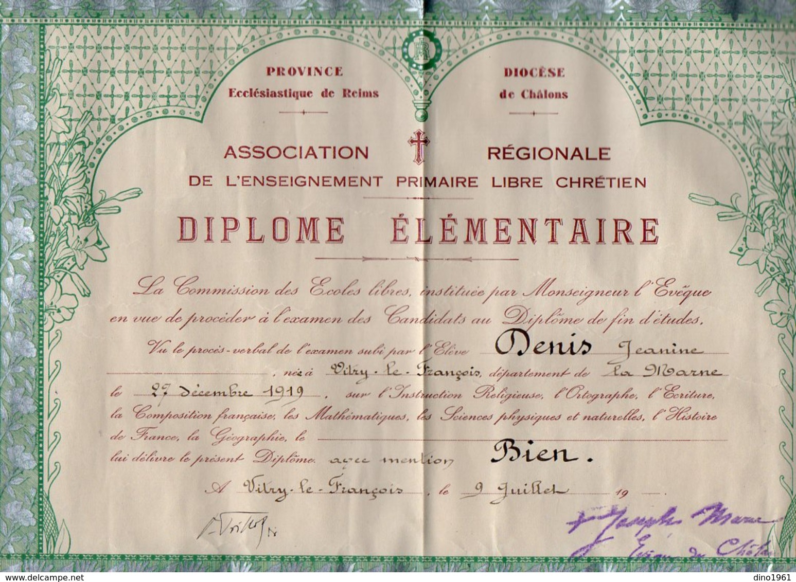 VP16.342 - REIMS X CHÄLONS X VITRY LE FRANCOIS 19?? - Diplôme Elémentaire De L'Enseignement Primaire Libre Chrétien - Diplômes & Bulletins Scolaires