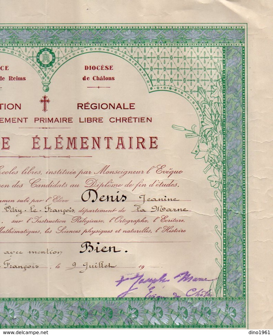 VP16.342 - REIMS X CHÄLONS X VITRY LE FRANCOIS 19?? - Diplôme Elémentaire De L'Enseignement Primaire Libre Chrétien - Diplômes & Bulletins Scolaires