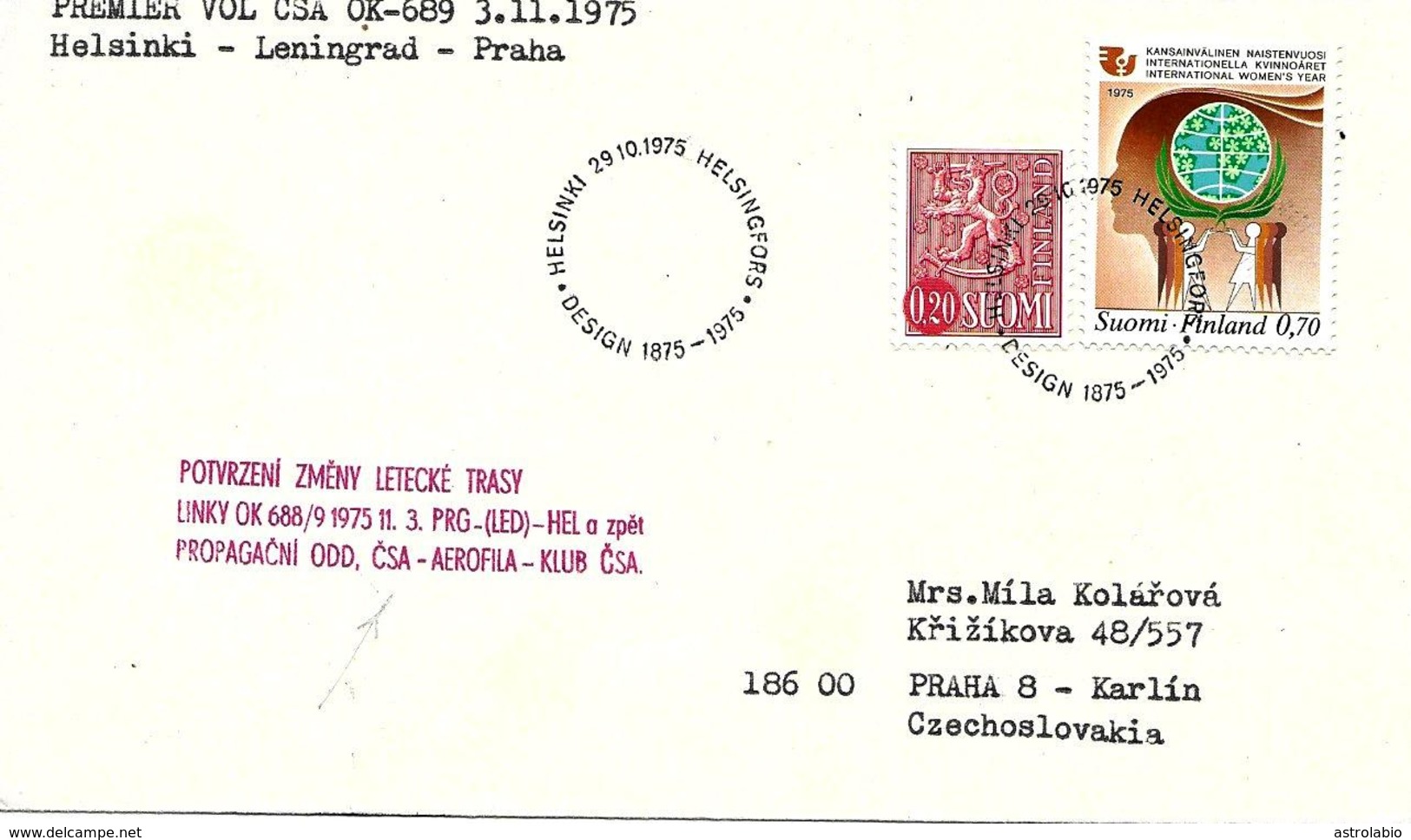 Helsinki-Leningrad-Praha Premier Vol 1975 Sur Lettre, First Flight Cover. Voir 2 Scan - Briefe U. Dokumente