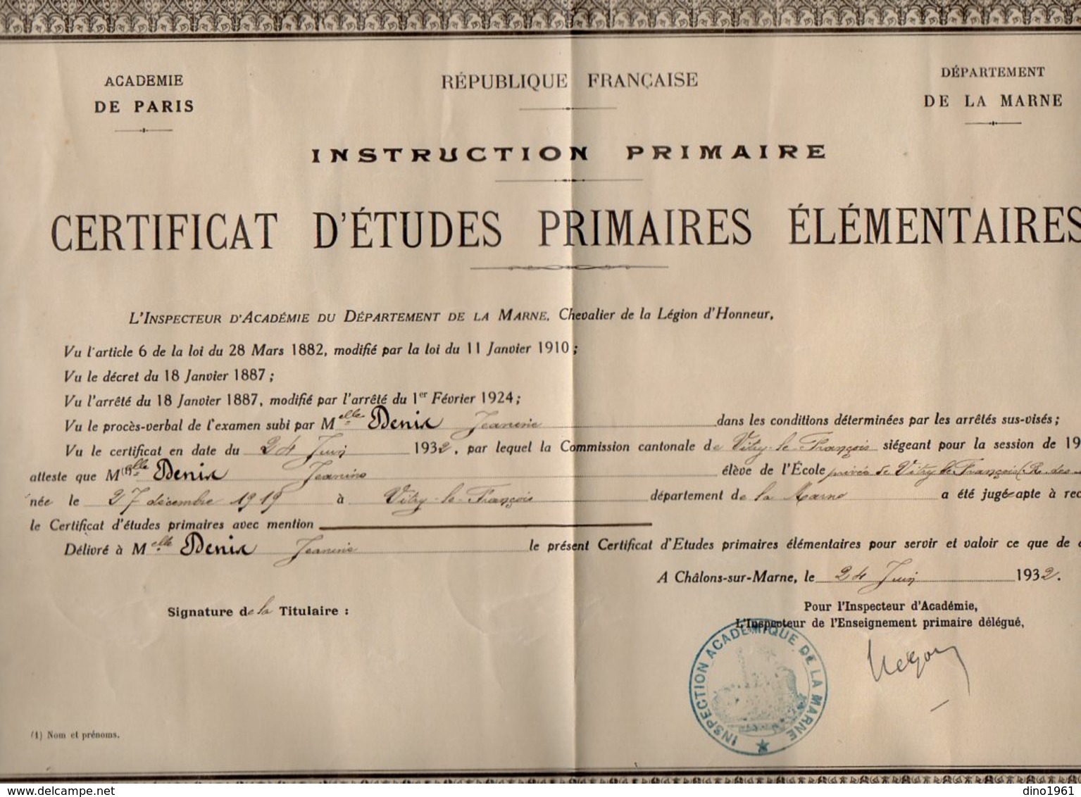 VP16.343 - CHÄLONS SUR MARNE 1932 - Certificat D'Etudes Primaires Elémentaires - Melle J.DENIS Née à VITRY LE FRANCOIS - Diplomi E Pagelle