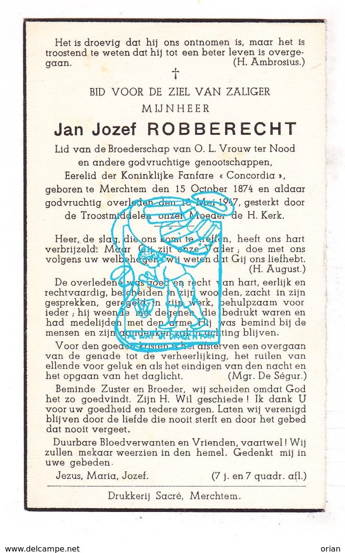 DP Jan Jozef Robberecht ° Merchtem 1874 † 1947 / Fanfare Concordia - Images Religieuses