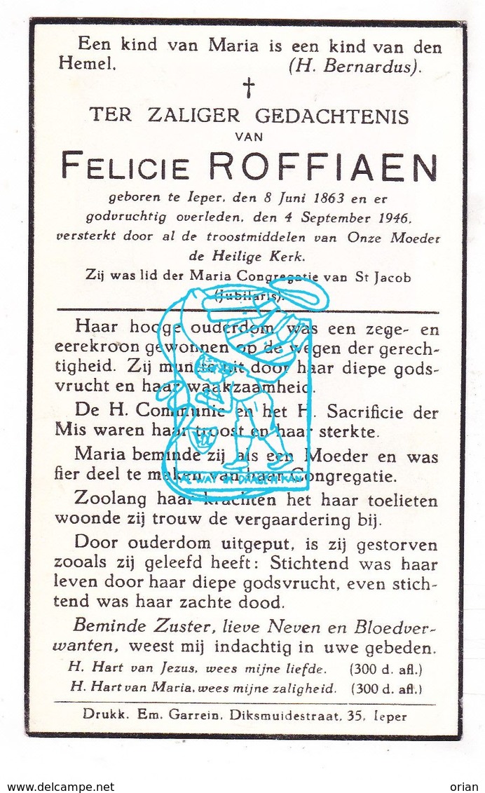 DP Felicie Roffiaen ° Ieper 1863 † 1946 - Devotion Images