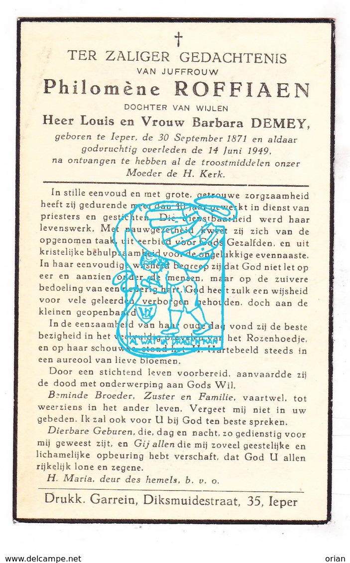 DP Philomène Roffiaen / Demey ° Ieper 1871 † 1949 - Images Religieuses