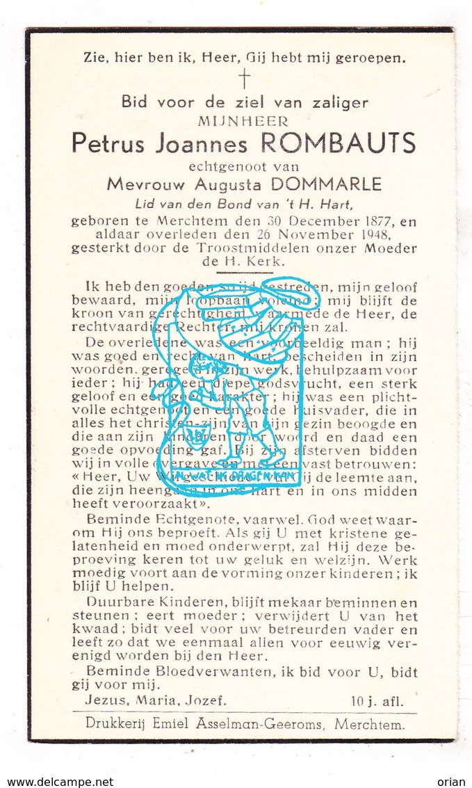 DP Petrus J. Rombauts ° Merchtem 1877 † 1948 X Augusta Dommarle - Devotieprenten