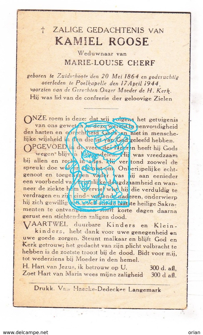 DP Kamiel Roose ° Zuidschote Ieper 1864 † Poelkapelle 1944 X ML. Cherf - Images Religieuses