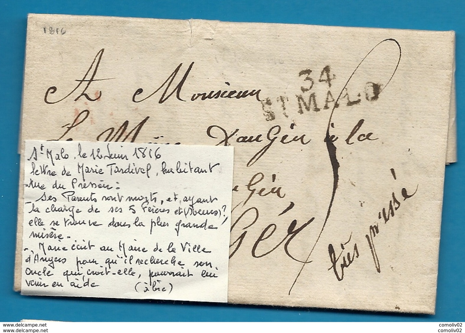 Ille Et Vilaine - St Malo Pour Angers (maine Et Loire). LAC De 1816 - 1801-1848: Precursores XIX