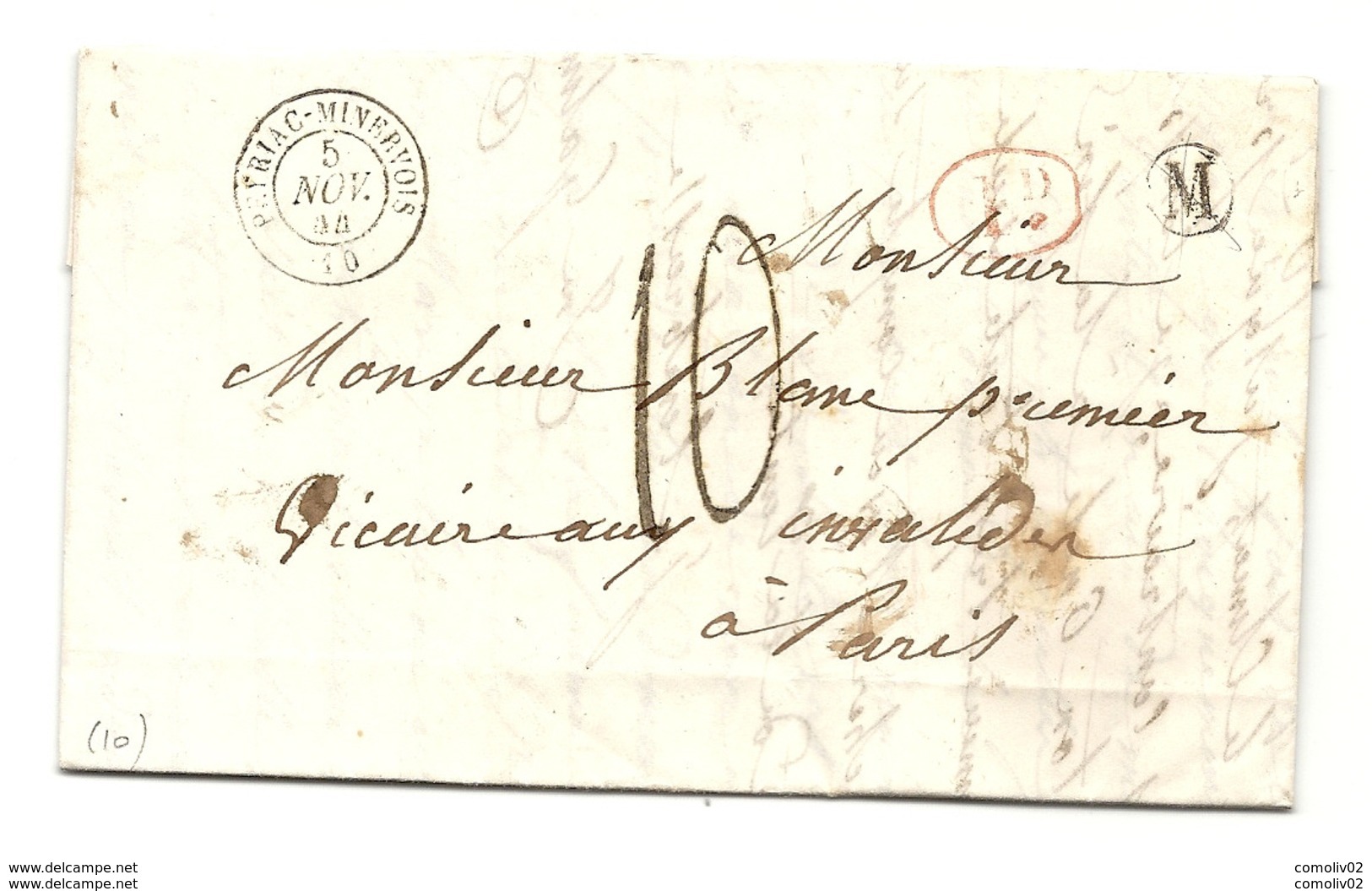 Aude - Peyriac Minervois Pour Paris. LAC De 1844 - 1801-1848: Precursores XIX