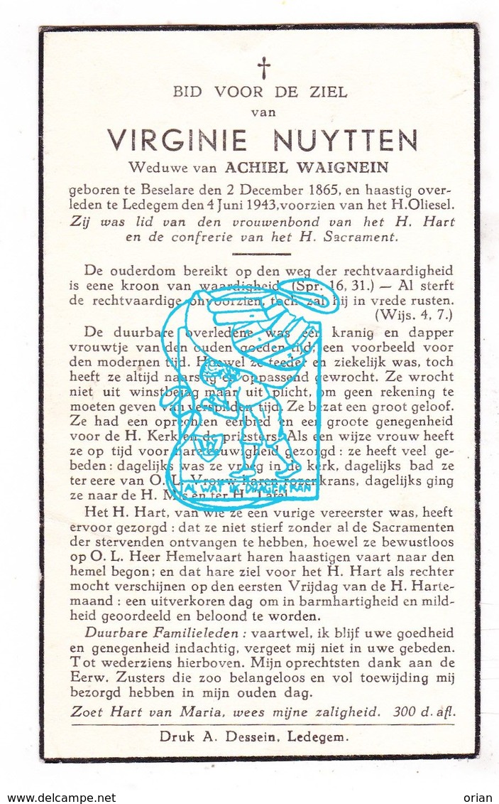 DP Virginie Nuytten ° Beselare Zonnebeke 1865 † Ledegem 1943 X Achiel Waignein - Devotieprenten