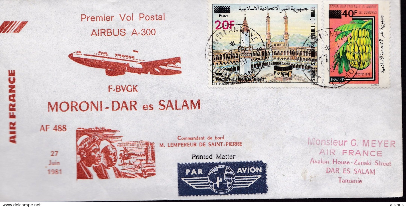 27 JUIN 1981 -  AIR FRANCE - MORONI-DAR Es SALAM - PREMIER VOL POSTAL AIRBUS - Lettres & Documents