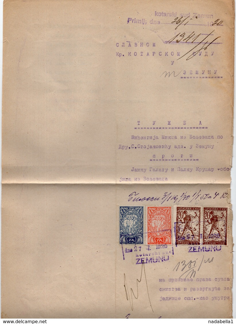 27.01.1920. KINGDOM OF SHS, ZEMUN, LAWSUIT, CHAIN BREAKERS, VERIGARI, WITH ERROR, POSTAL STAMPS AS REVENUE - Covers & Documents