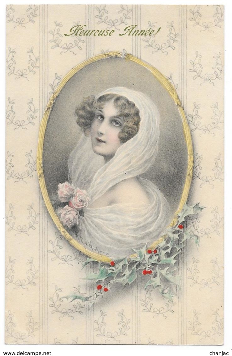 Cpa: ILLUSTRATEUR - WICHERA Heureuse Annèe (Femme En Médaillon, Voile, Roses, Houx) M.M. Vienne 1905 - Wichera