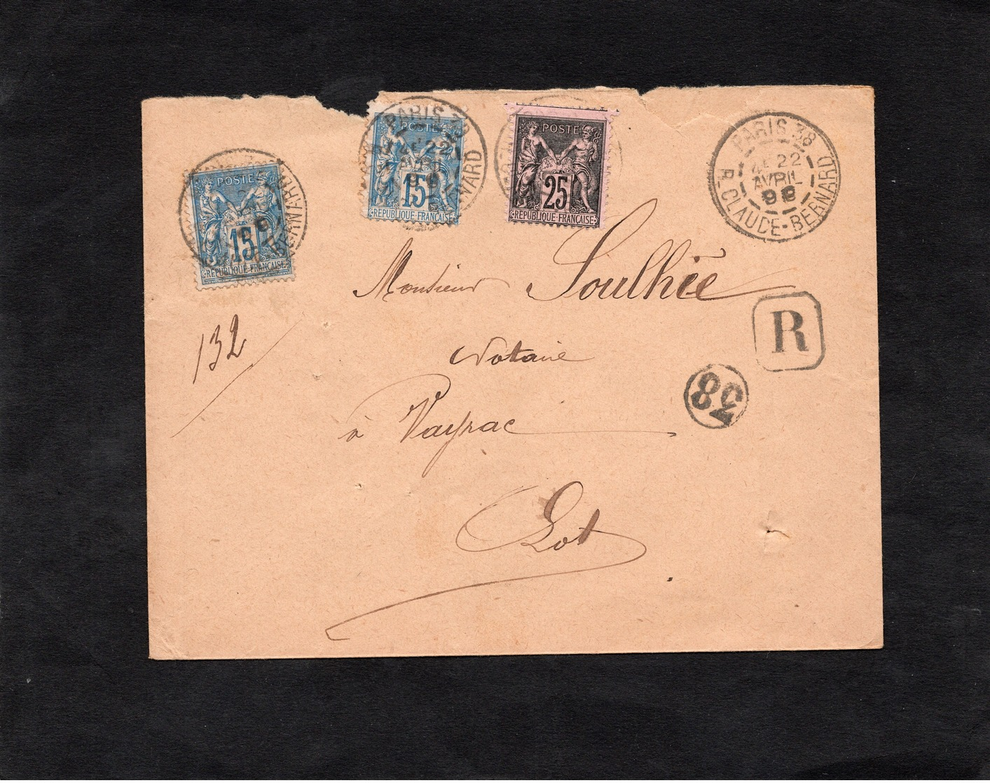 LSC 1899 Pour VAYRAC (Lot) - Recommandé & Cachet PARIS 38 Rue Claude Bernard Sur YT 90 & YT 97 / 38 Dans Cercle - 1877-1920: Période Semi Moderne