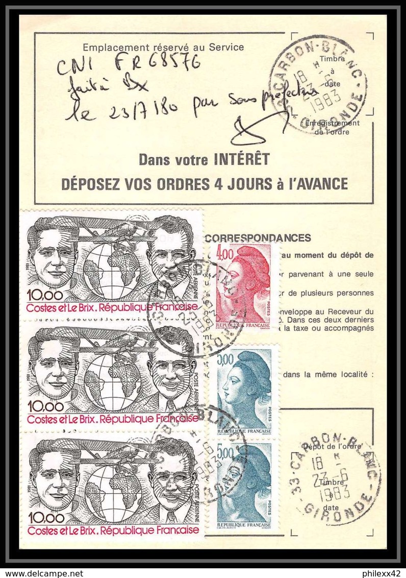 50653 Carbon Blanc Gironde Poste Aérienne PA N°55 Costes Le Brix X 3  Airmail Ordre De Reexpedition Temporaire France - 1960-.... Briefe & Dokumente