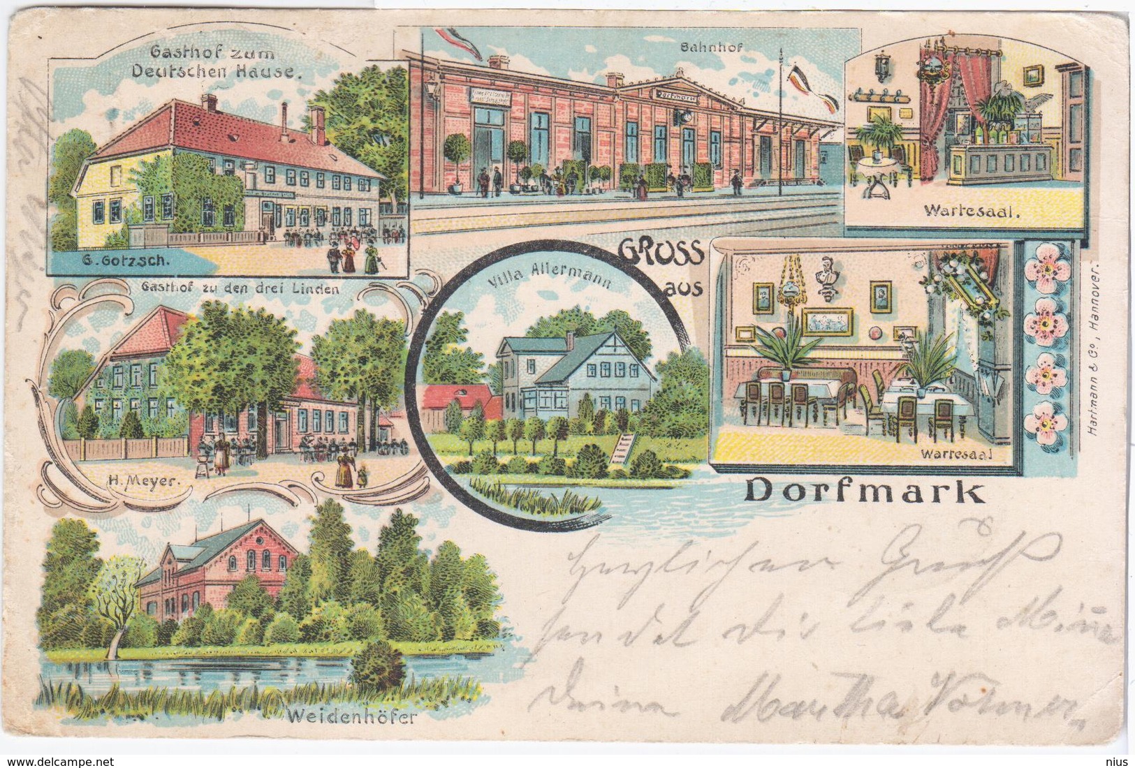 Germany Deutschland 1905 Gruss Aus Dorfmark, Gasthof Bahnhof Train Railroad Railway Villa Weidenhofer Litho - Fallingbostel