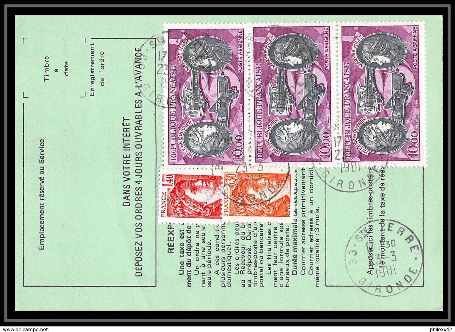 50872 Ste Terre Gironde Poste Aérienne PA N°47 Boucher Hilsz X 3 Airmail Ordre De Reexpedition Definitif France - 1960-.... Briefe & Dokumente