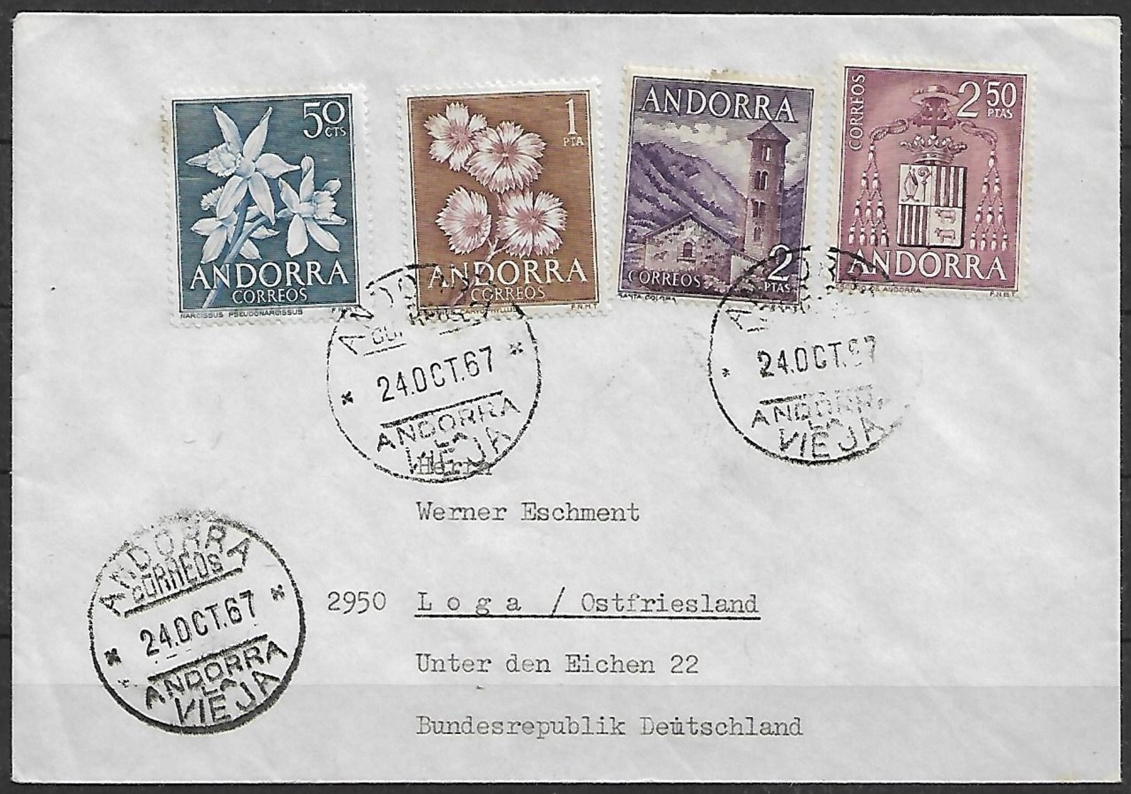 Spanisch Andorra - Brief  24.10.1967 / Andorra La Vieja Nach Loga - Ostfriesland ( Deutschland )  / Siehe Fotos - Covers & Documents