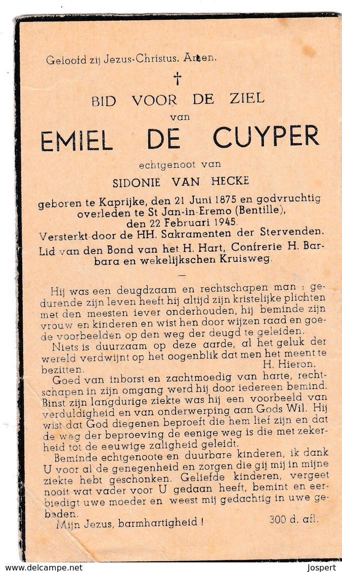 Kaprijke, St Jan-in-Eremo, Bentille, 1945, Emiel De Cuyper, Van Hecke - Devotieprenten