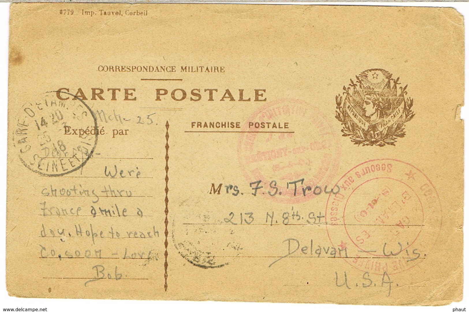 CARTE POSTALE MILITAIRE POUR LES USA GARE D'ETAMPES SECOURS AUX BLESSESMARS 1918 - 1. Weltkrieg 1914-1918