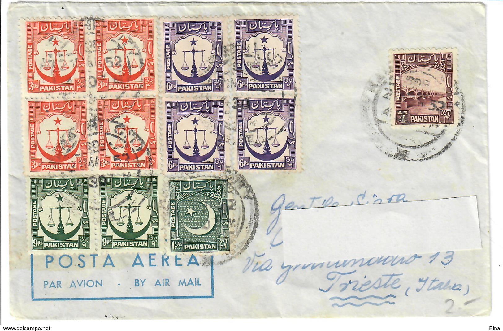 PAKISTAN 1952 - BUSTA VIAGGIATA DAL PAKISTAN A TRIESTE - POSTA AEREA - Pakistan