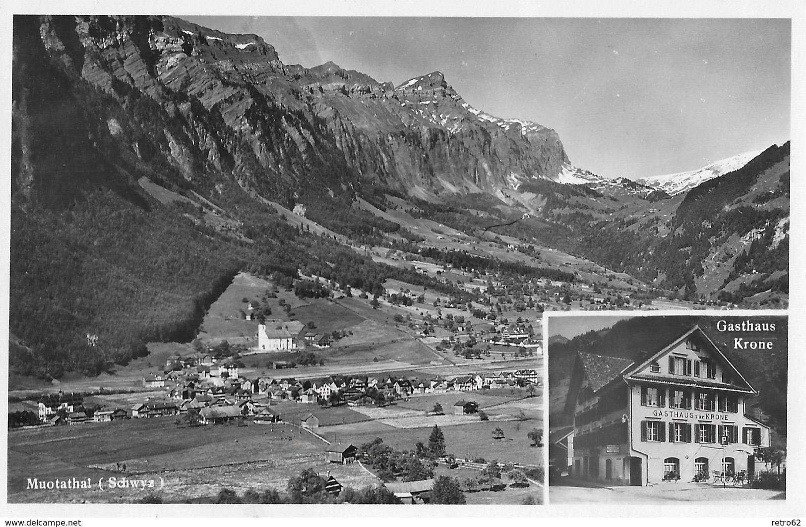 MUOTATHAL → Gasthaus Zur Krone (Bes.Paul Betschart-Bürgi Tel. 35) Zweibild-Fotokarte Ca.1950 - Muotathal