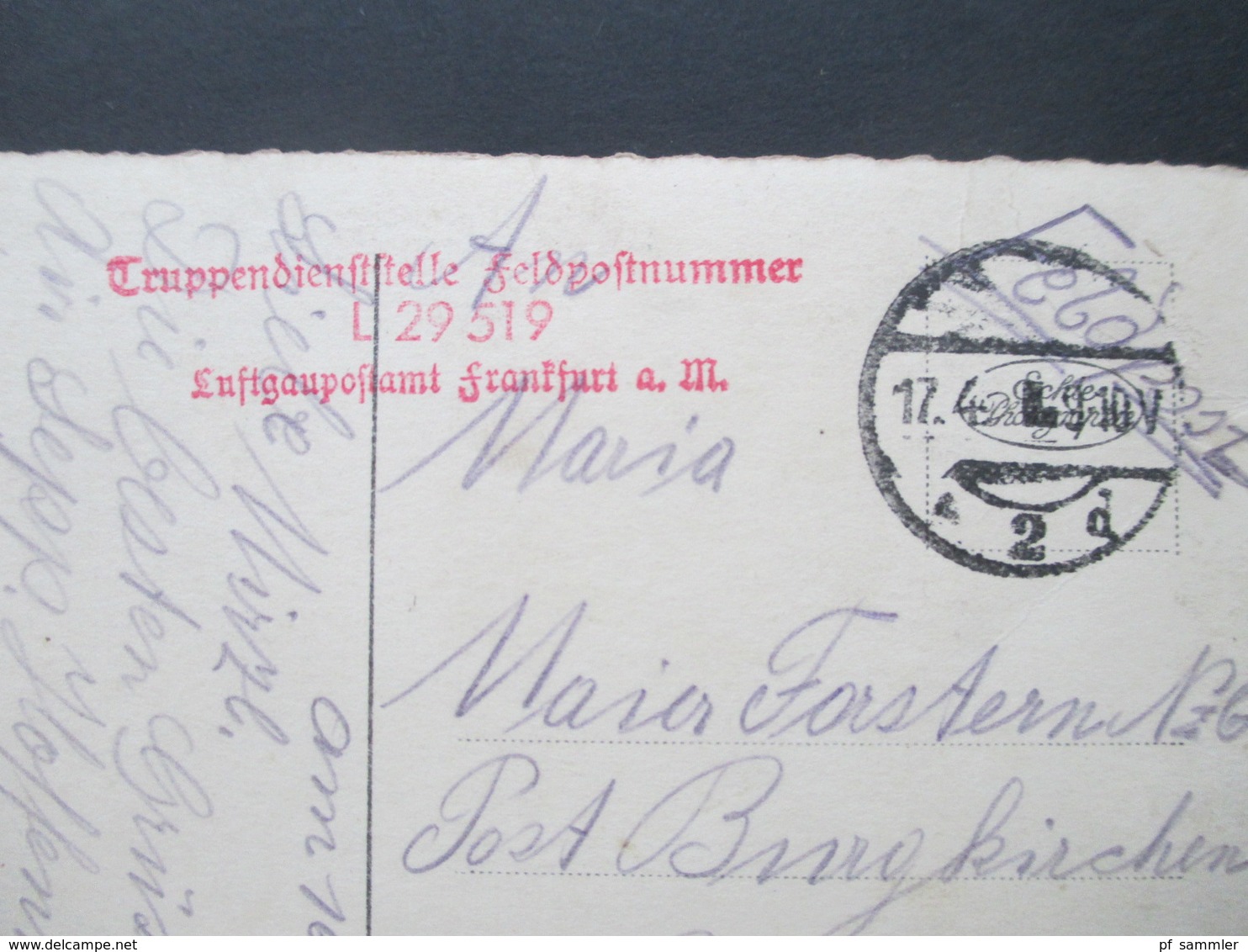 3. Reich Feldpost 2. WK 1940 PK Mit Rotem Stempel L3 Truppendienststelle FP Nr. L29519 Luftgaupostamt Frankfurt A.M. - Briefe U. Dokumente