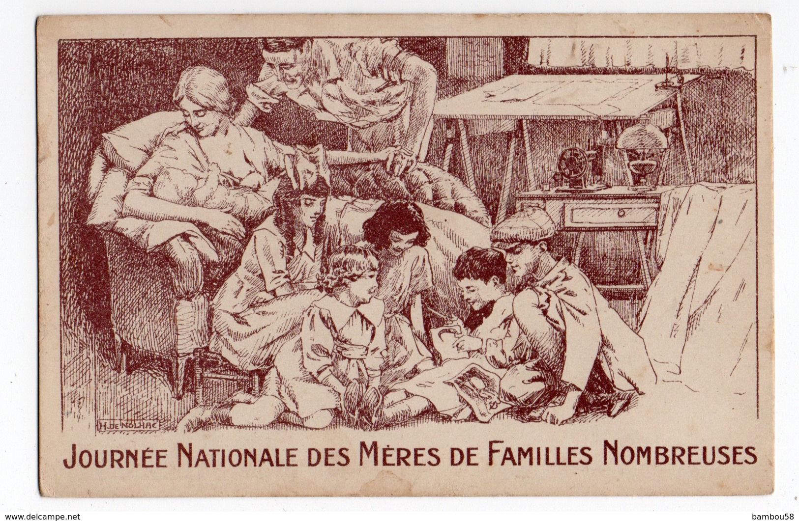 ILLUSTRATEUR H. DE NOLHAC * JOURNEE NATIONALE MERES FAMILLES NOMBREUSES * DESSIN SEPIA * ENFANTS * Machine Coudre * - Other & Unclassified