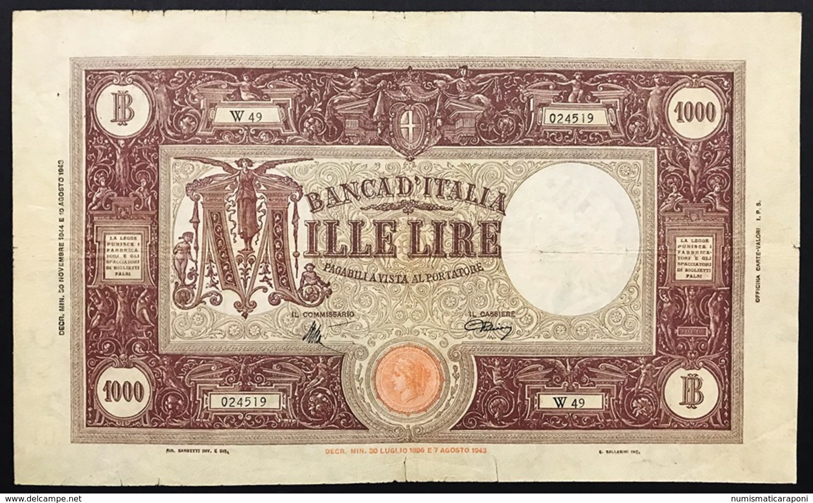 1000 LIRE GRANDE M B.I. R.S.I. 30 11 1944 BIGLIETTO NATURALE, NON TRATTATO R3 RRR Mb/q.bb Taglietti LOTTO 3074 - 1000 Lire