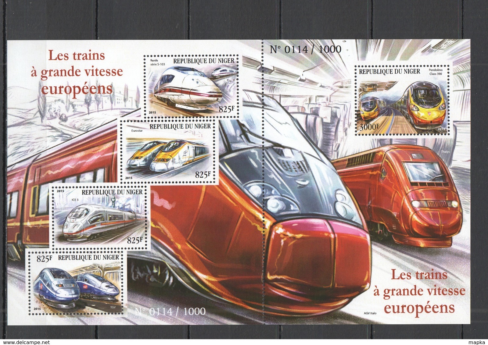 ST1995 2015 NIGER TRANSPORT EUROPEAN HIGH SPEED TRAINS KB+BL MNH - Trains