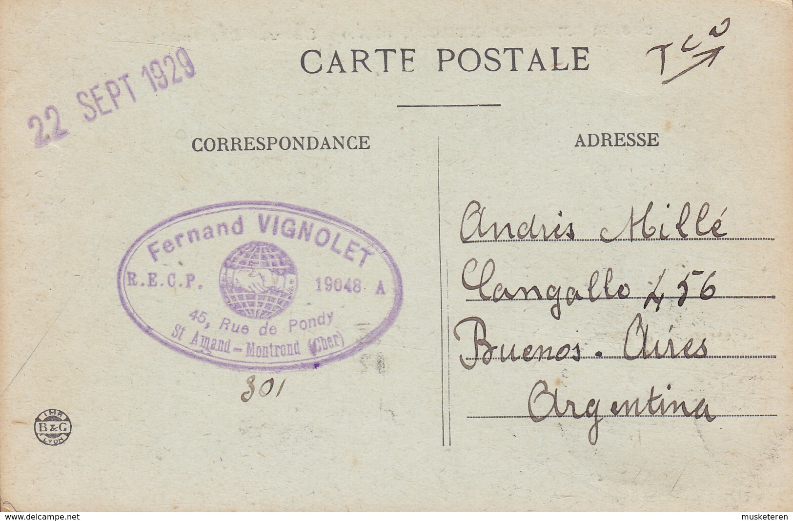 France CPA St-Amand-Montroni Maximum Frontside Stamp SAINT AMMAND MONTRONI 1929 BUENOS AIRES Argentina Semeuse - Saint Amand Longpre