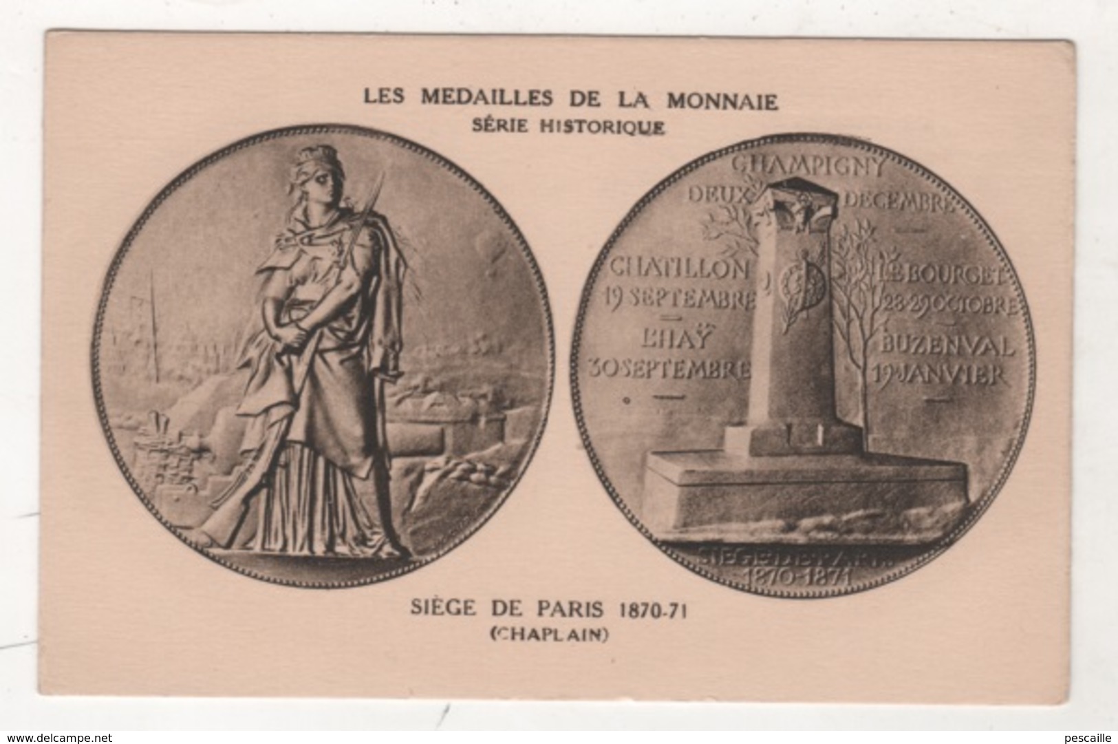 CP LES MEDAILLES DE LA MONNAIE SERIE HISTORIQUE - SIEGE DE PARIS 1870-71 - CHAPLAIN - CHAMPIGNY CHATILLON LE BOURGET ... - Monnaies (représentations)