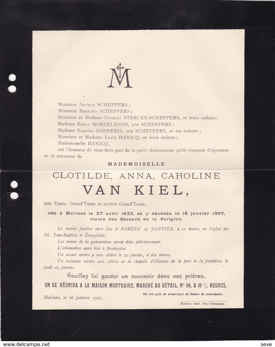 BONHEYDEN BONHEIDEN Clotilde VAN KIEL 1833-1907 Malines Enterrée à Bonheyden Famille GODDERIS SCHEPPERS - Obituary Notices