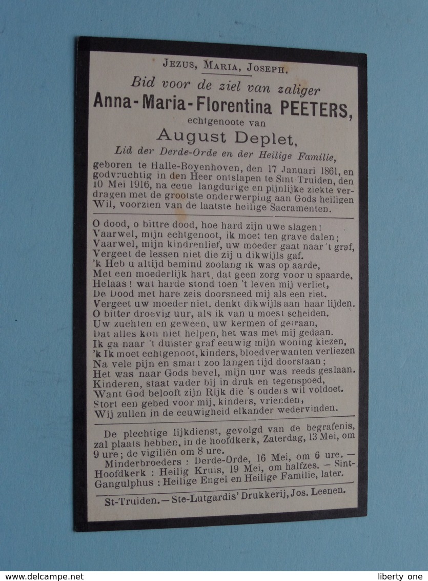 DP Anna PEETERS ( August DEPLET ) Halle-Boyenhoven 17 Jan 1861 - Sint Truiden 10 Mei 1916 ( Zie Foto's ) ! - Décès