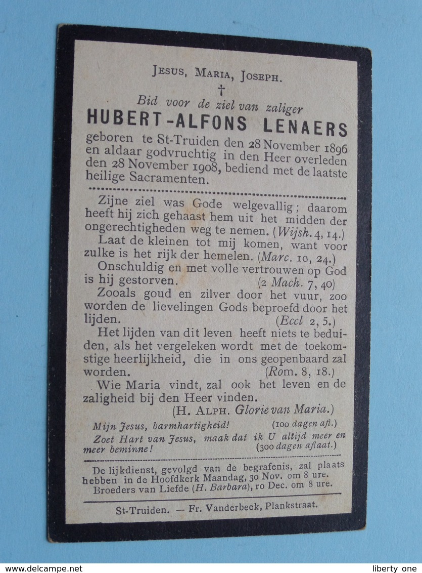 DP Hubert - Alfons LENAERS () Sint Truiden 28 Nov 1896 - 28 Nov 1908 ( Zie Foto's ) ! - Décès