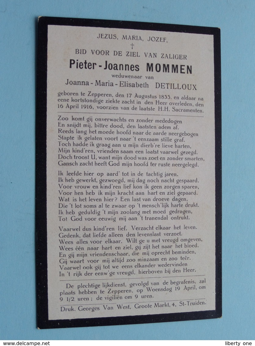 DP Pieter-Joannes MOMMEN ( DETILLOUX ) Zepperen 17 Aug 1833 - 16 April 1916 ( Zie Foto's ) ! - Décès