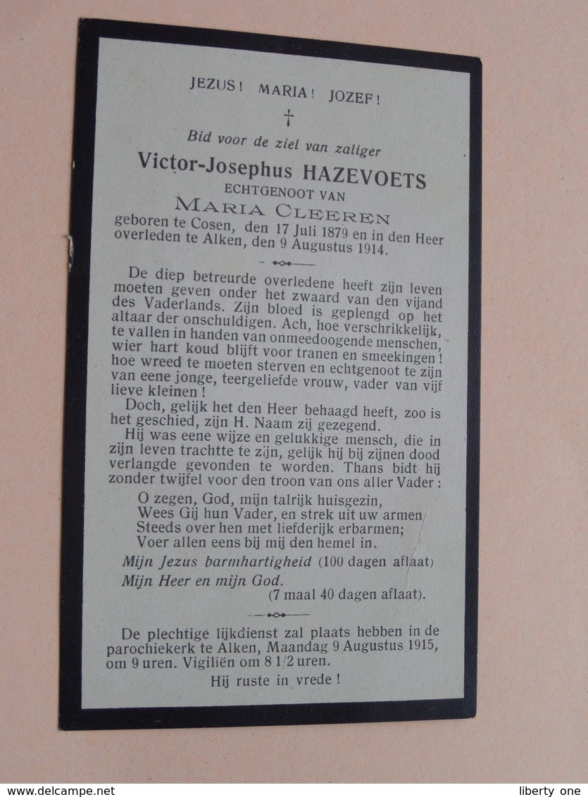 DP Victor-Josephus HAZEVOETS ( Maria CLEEREN ) COSEN 17 Juli 1879 - ALKEN 9 Aug 1914 ( Zie Foto's ) ! - Décès