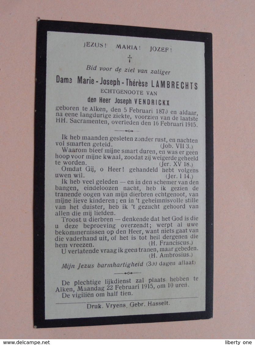 DP Marie LAMBRECHTS ( Joseph VENDRICKX ) ALKEN 5 Feb 1870 - 16 Feb 1915 ( Zie Foto's ) ! - Décès