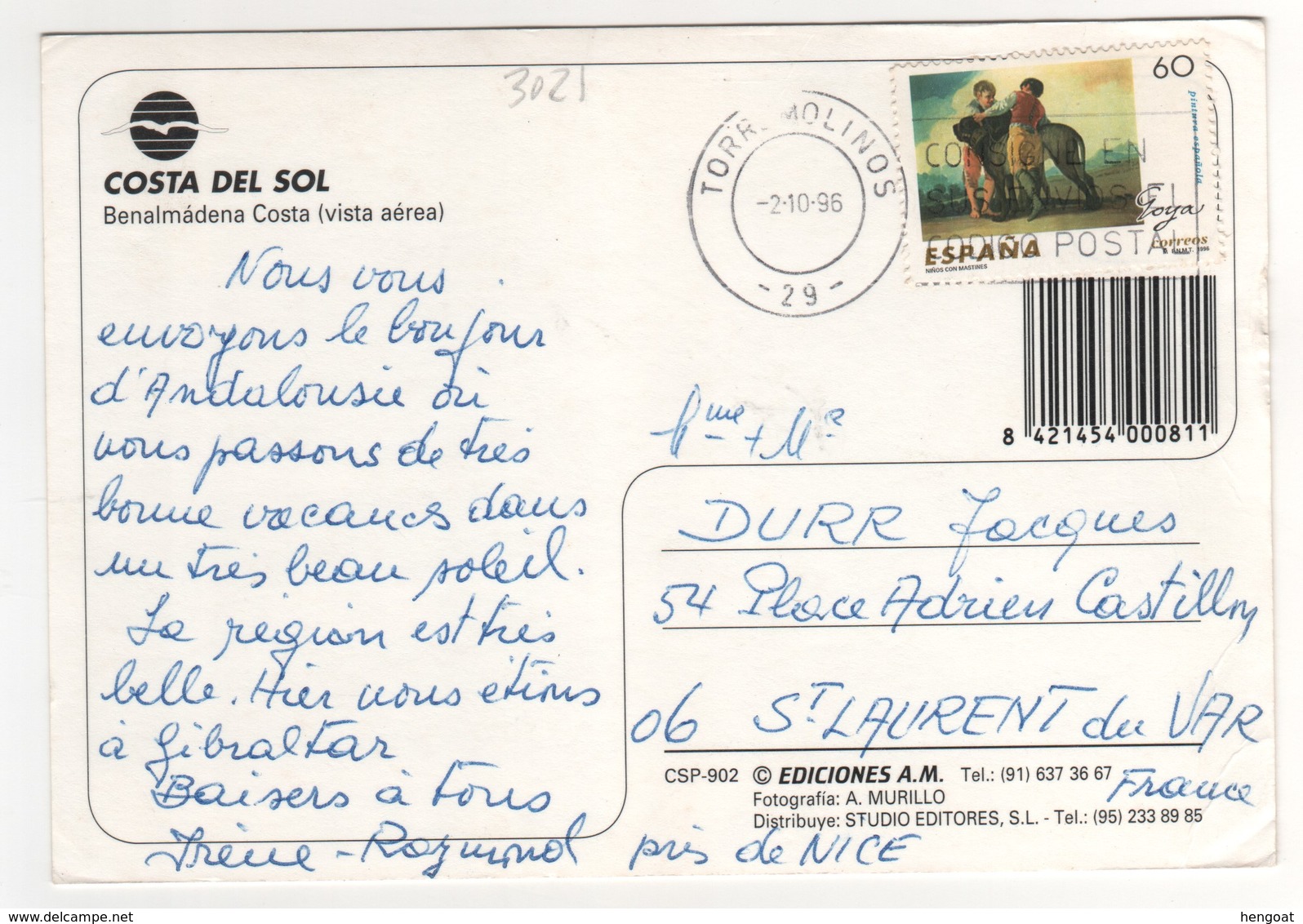 Beau Timbre , Stamp Yvert N° 3021 Sur Cp , Carte , Postcard Du 02/10/1996 - Lettres & Documents